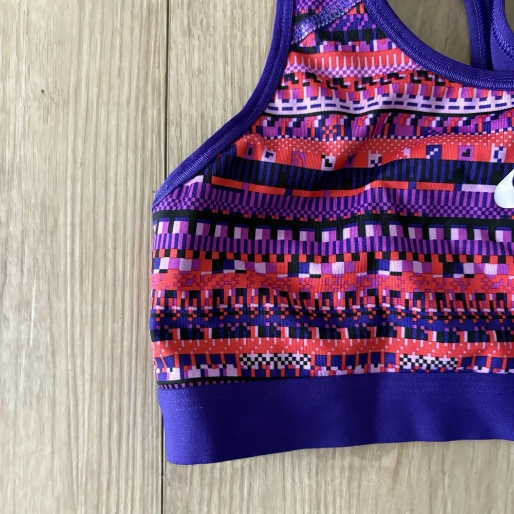 Nike Pro Dri Fit Sports Bra Womens Medium M Aztec‎ Purple Swoosh Removable Pads